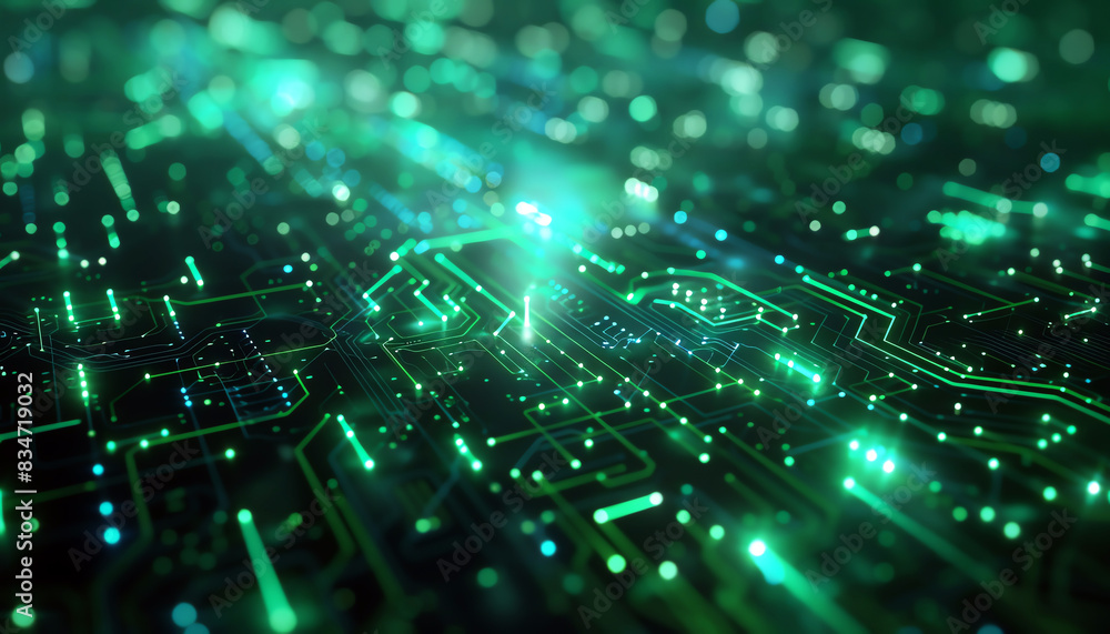 Glowing green and blue light circuits on a dark canvas, representing advanced energy networks for a modern presentation design. Glowing green and blue light circuits on a dark canvas, representing advanced energy networks for a modern presentation design.