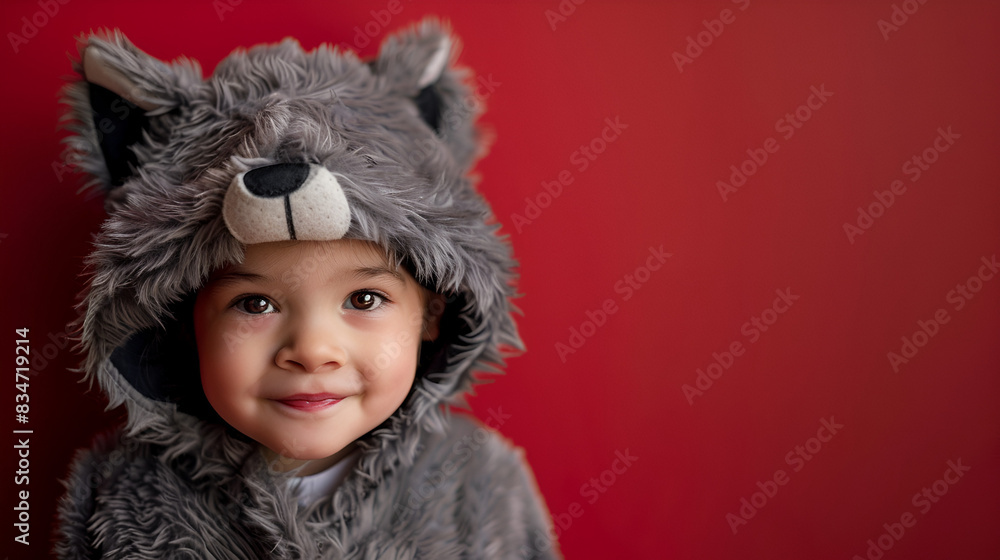 cute toddler dressed as a cute wolf on halloween, red background with copy space cute toddler dressed as a cute wolf on halloween, red background with copy space