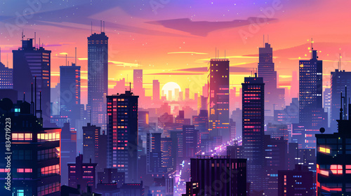 A city skyline at sunset with a purple sky. The city is lit up with lights and the buildings are tall