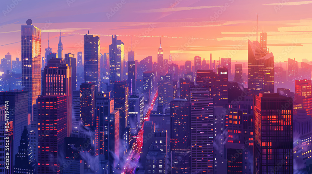 A city skyline at sunset with a purple sky. The city is lit up with lights and the buildings are tall A city skyline at sunset with a purple sky. The city is lit up with lights and the buildings are tall