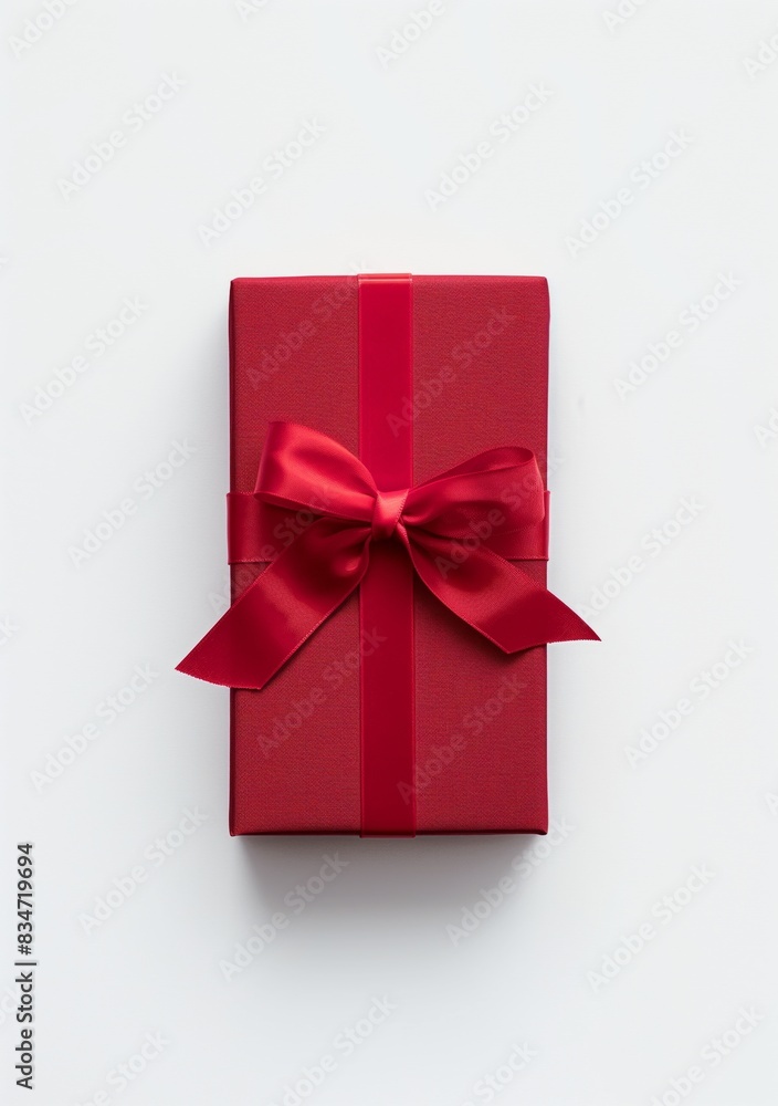 A red gift box made of paper, tied with satin ribbon and bow on the top, stands upright against a white background. A red gift box made of paper, tied with satin ribbon and bow on the top, stands upright against a white background.