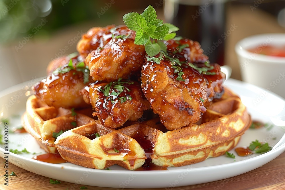 Chicken and Waffles - Fried chicken on top of a waffle with syrup. Chicken and Waffles - Fried chicken on top of a waffle with syrup.