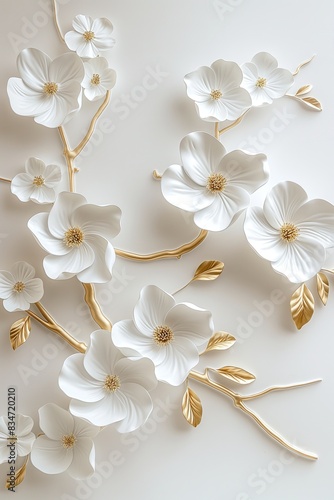 Wallpaper Mural White flowers with golden leaves on white background. White and golden luxury 3d floral background Torontodigital.ca