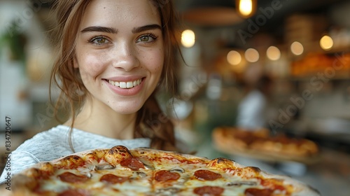 Lady enjoying scrumptious pizza with dairy and protein in exposed container on surface