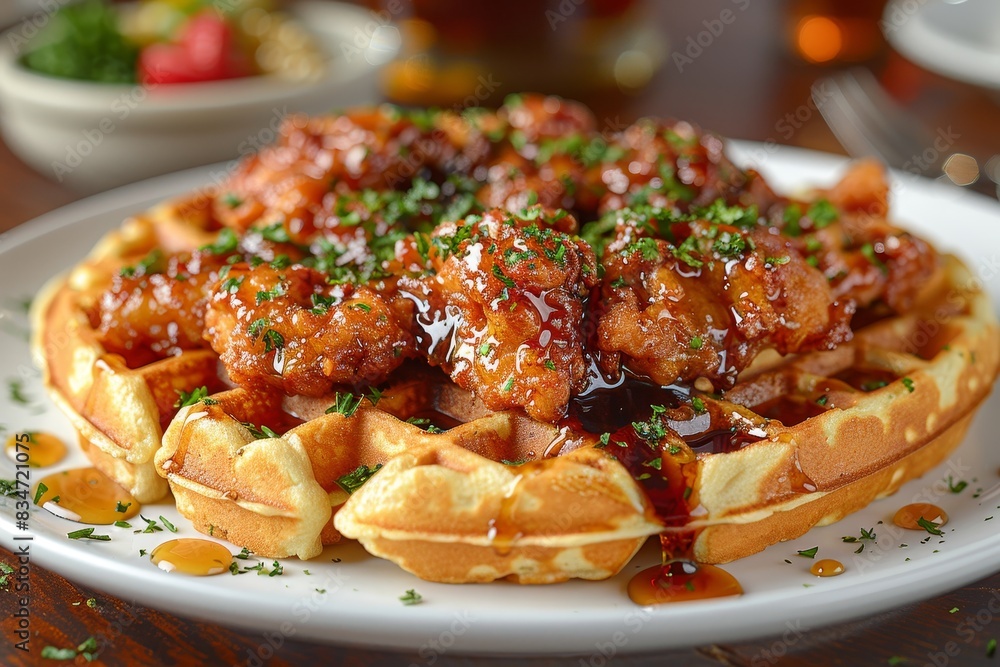 Chicken and Waffles - Fried chicken on top of a waffle with syrup. Chicken and Waffles - Fried chicken on top of a waffle with syrup.