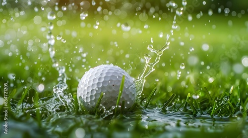 Golf ball splashes into grass