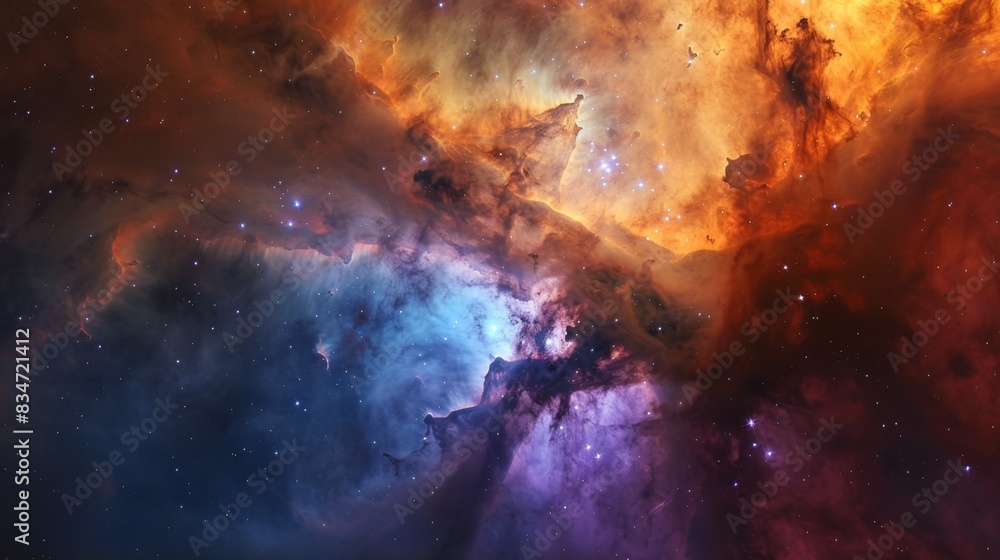 Fototapeta premium A breathtaking nebula with rich colors of orange, blue, and purple. The interplay of light and shadow among the gas clouds and scattered stars creates a mesmerizing cosmic spectacle.