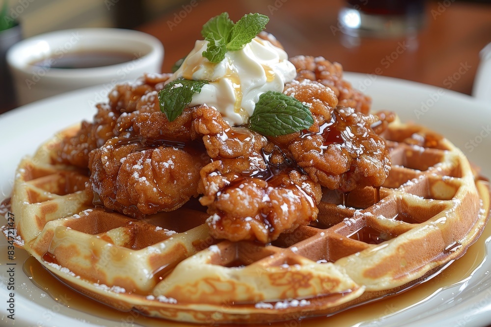Chicken and Waffles - Fried chicken on top of a waffle with syrup. Chicken and Waffles - Fried chicken on top of a waffle with syrup.