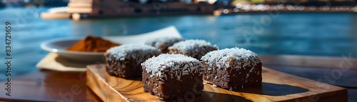 Four decadent chocolate lamingtons sit on a wooden board, ready to be enjoyed with a view of the Sydney Opera House.