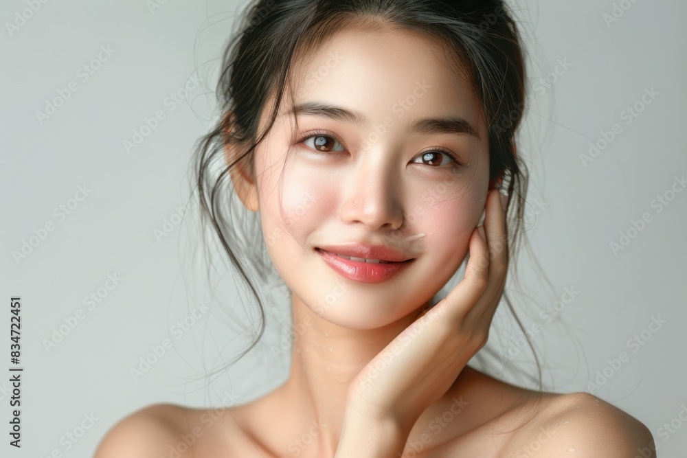 Portrait of beautiful young asian woman with clean fresh skin on white background, happy smile and hand touch face isolated over grey color backdrop. Beauty treatment concept. Portrait of beautiful young asian woman with clean fresh skin on white background, happy smile and hand touch face isolated over grey color backdrop. Beauty treatment concept.