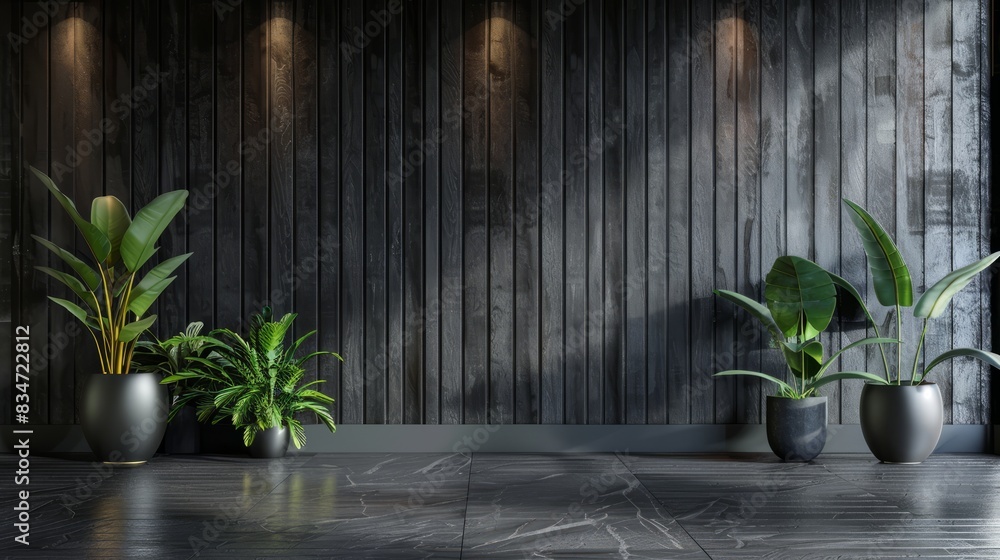 Inviting interior: black with wooden paneling and lush plants - 3d render mock-up Inviting interior: black with wooden paneling and lush plants - 3d render mock-up
