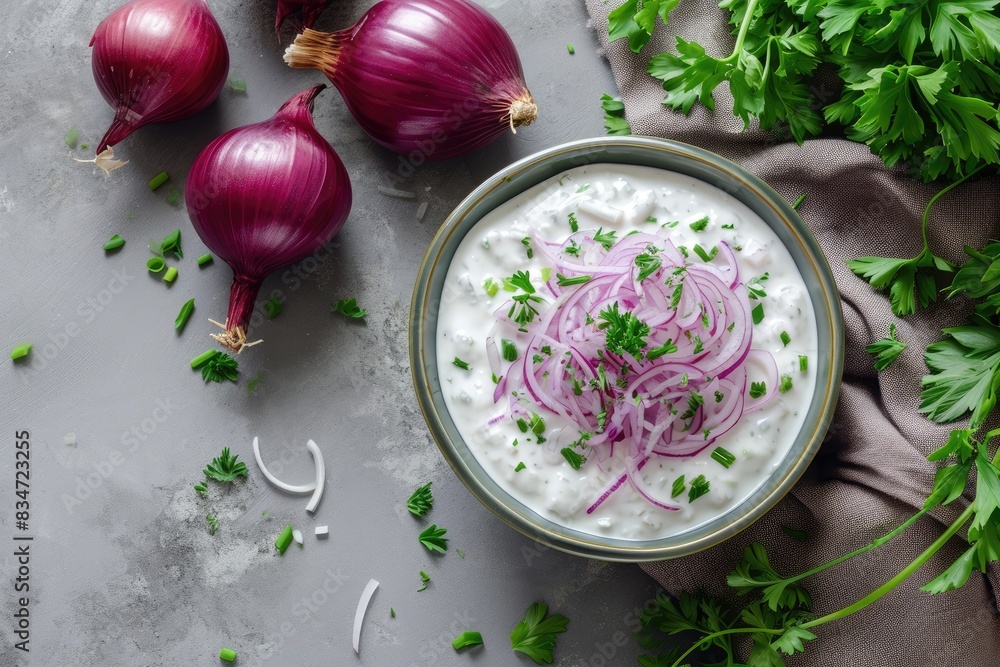 Red onion raita in a bowl with onions and coriander on grey background Red onion raita in a bowl with onions and coriander on grey background