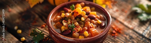 Chilean porotos granados, a stew with beans, corn, and squash, served in a rustic bowl with a backdrop of the Chilean vineyards