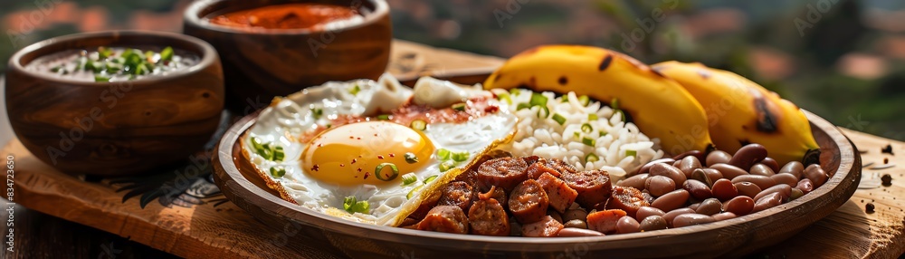 Colombian bandeja paisa, a platter with beans, rice, sausage, fried egg, and plantains, served on a wooden plate with a Colombian mountain village backdrop Colombian bandeja paisa, a platter with beans, rice, sausage, fried egg, and plantains, served on a wooden plate with a Colombian mountain village backdrop