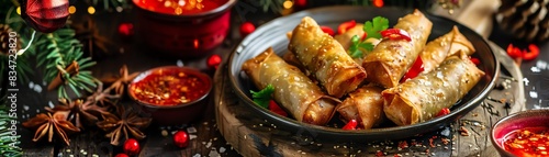 Crispy Filipino lumpia, filled with savory meat and vegetables, served with a sweet and sour dipping sauce, on a festive table with traditional Filipino decorations photo