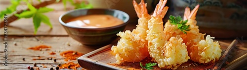 Crispy Japanese tempura with shrimp and vegetables, served on a rustic wooden platter, with a side of dipping sauce, and a background of traditional Japanese decor
