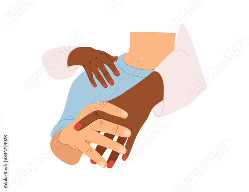 Man and woman holding hands isolated on a white background. Trendy male nails design, basic regular manicure. Couple, love concept, relationship. Vector illustration.