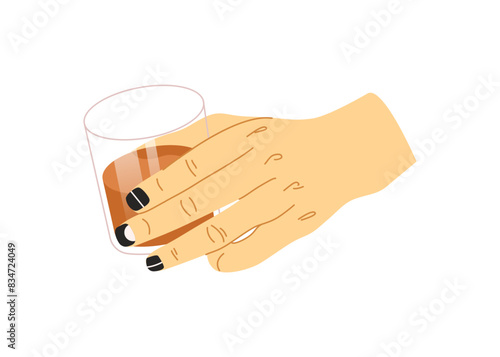 Man hold glass with drink with monochrome geometric nails design isolated on a white background. Male manicure concept. Manicure with line and patterns, trendy nails. Vector illustration.
