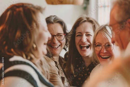 Group of senior friends laughing and having fun together at home. Multiethnic group of people spending time together. © Loli