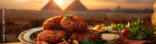 Falafel is a delicious Middle Eastern dish made from chickpeas, fava beans, and spices. It is often served with pita bread, hummus, and tahini sauce. photo