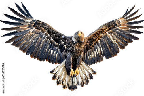 An eagle with wings fully spread, soaring in flight against a white background