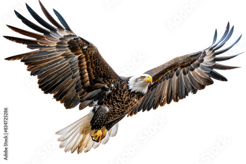 An eagle with wings fully spread  soaring in flight against a white background