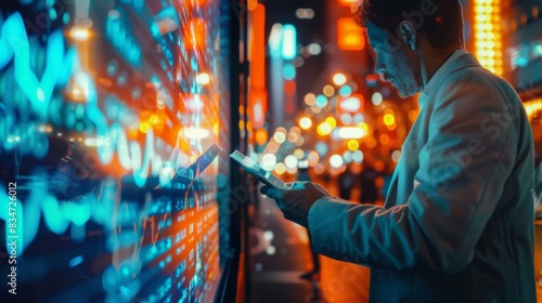 Dynamic Close-Up of Businessman Using Tablet to Analyze Large Data Sets with AI Technology in High-Stakes, Time-Sensitive Scenarios like Stock Market or Sports Game, Highlighting Speed, Accuracy, and 