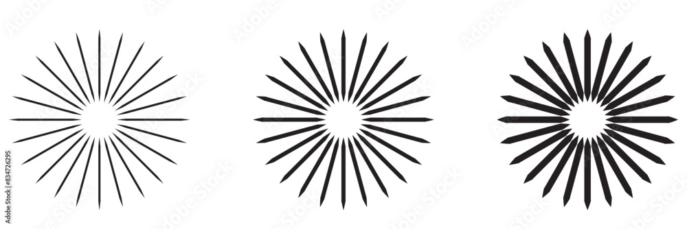 Radial circle lines. Circular radiating lines geometric element. Sun star rays symbol. Abstract geometric shapes. Design element. Vector illustration isolated on white background. Radial circle lines. Circular radiating lines geometric element. Sun star rays symbol. Abstract geometric shapes. Design element. Vector illustration isolated on white background.