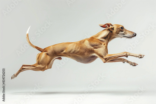 A greyhound running at full speed  captured mid-stride against a white background