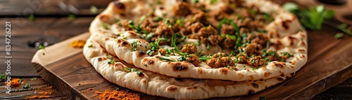 Keema naan, stuffed bread with spiced minced meat, served on a wooden board with a traditional Indian tandoor oven backdrop photo