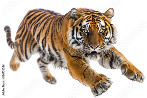 A tiger mid-pounce  muscles flexed and claws outstretched  isolated on white