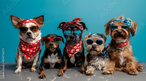 Dogs with sunglasses and bandana posing for studio fashion shoot, cool gang puppy, creative funny animal pet character in costume. Halloween national celebration event editorial advertisement banner.