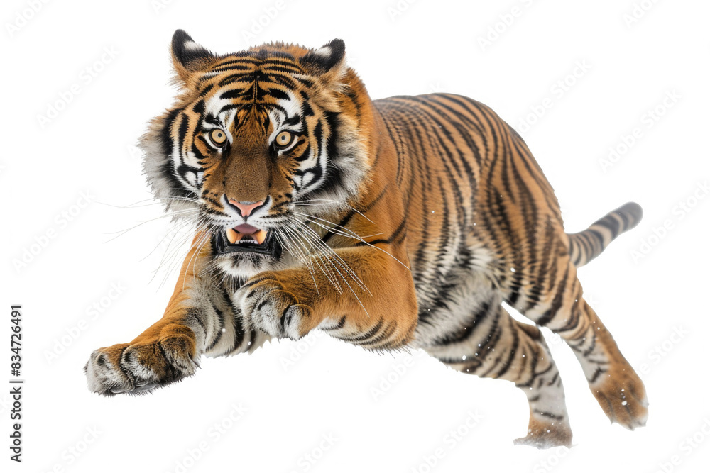 A tiger mid-pounce, muscles flexed and claws outstretched, isolated on white