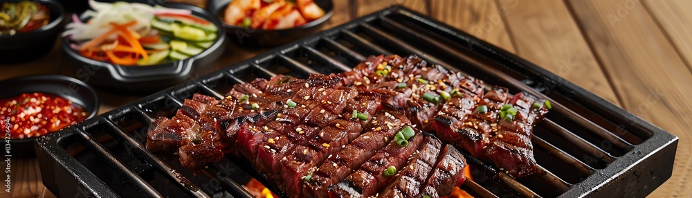 A delicious and juicy steak grilled to perfection. The steak is served with a variety of dipping sauces and sides.