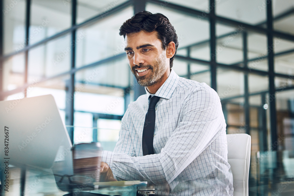 Business man, laptop and reading in office with smile, thinking or decision with review for report. Person, actuary and computer for statistics, analysis or problem solving in job at insurance agency Business man, laptop and reading in office with smile, thinking or decision with review for report. Person, actuary and computer for statistics, analysis or problem solving in job at insurance agency