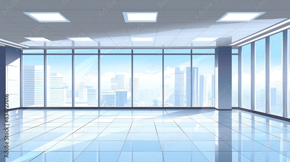 Fototapeta premium Spacious contemporary office space with expansive window in urban high-rise - vector illustration