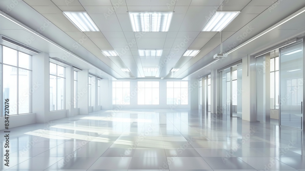 Spacious and modern empty office interior with open workspaces and large windows in a business conference setting Spacious and modern empty office interior with open workspaces and large windows in a business conference setting