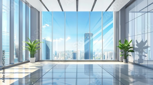 Spacious contemporary office space with expansive window in urban high-rise - vector illustration  