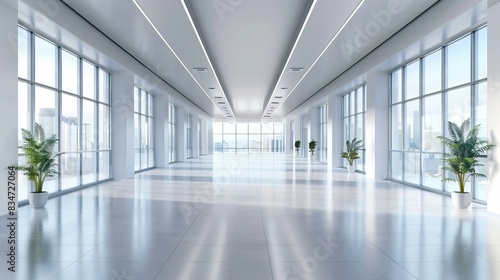 Spacious and modern empty office interior with open workspaces and large windows in a business conference setting