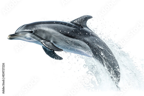 A dolphin mid-leap out of water  body curved gracefully against a white background