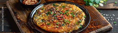 Korean pancake, made with kimchi, pork, and vegetables, served with dipping sauce.