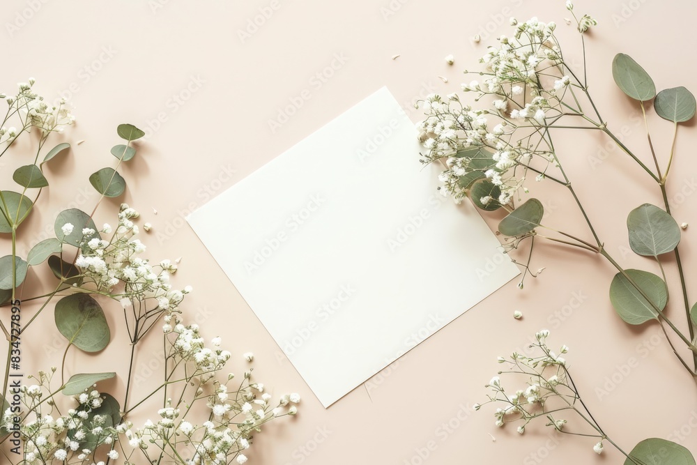 Elegant flat lay of empty blank card mockup with gypsophila flowers and eucalyptus leaves on beige background, top view for wedding invitation or branding design Elegant flat lay of empty blank card mockup with gypsophila flowers and eucalyptus leaves on beige background, top view for wedding invitation or branding design