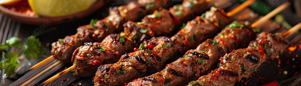 Lamb kebabs, skewered and grilled spiced lamb, served on a wooden board with a bustling Indian street food market scene Lamb kebabs, skewered and grilled spiced lamb, served on a wooden board with a bustling Indian street food market scene