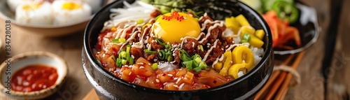 Bibimbap is a Korean rice dish with vegetables, meat, and a fried egg photo