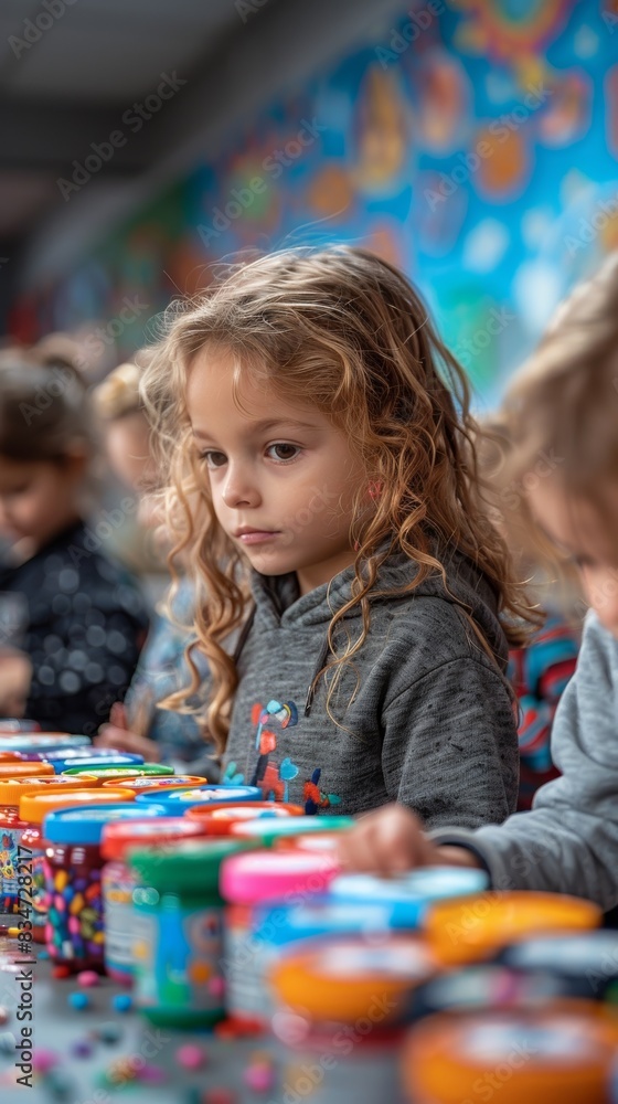 Fototapeta premium A classroom full of children making arts and crafts together. 