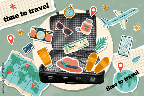 Banner in vintage new nostalgia collage style. Travel concept. Paper halftone suitcase with accessories for travel. Retro vector pop art design.
