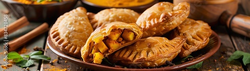 Aloo samosas are a popular Indian street food made with a crispy pastry shell and a spicy potato filling. They are often served with tamarind chutney and mint chutney. photo