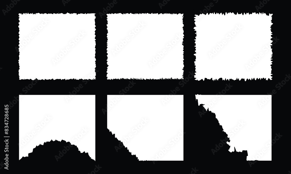  Isolated Rough Torn Rip Paper Cardboard Cut Stripe Piece Sheet Edge. Overlay Surface Texture Background. Vector Illustration.