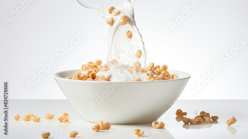 A bowl full of cereal with a container of milk poured over it