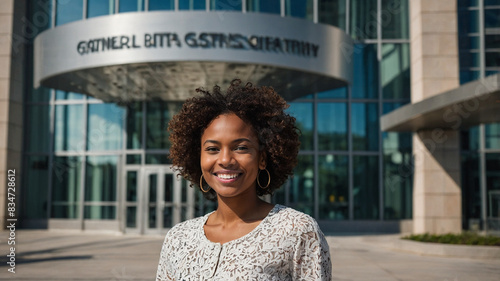 Lächelnde afroamerikanische Geschäftsfrau steht vor einem Bürogebäude photo